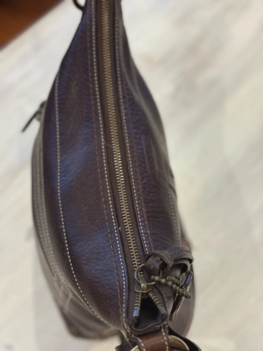 Coach Bleeker Dark Brown Pebbled Leather Messenger/Bucket Bag with Brass